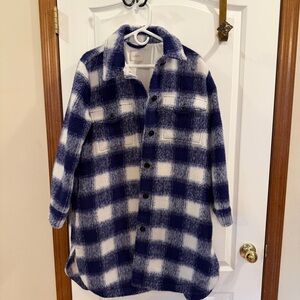 LOFT Like NEW Blue/White Plaid Polyester/Wool Elegant Long Coat